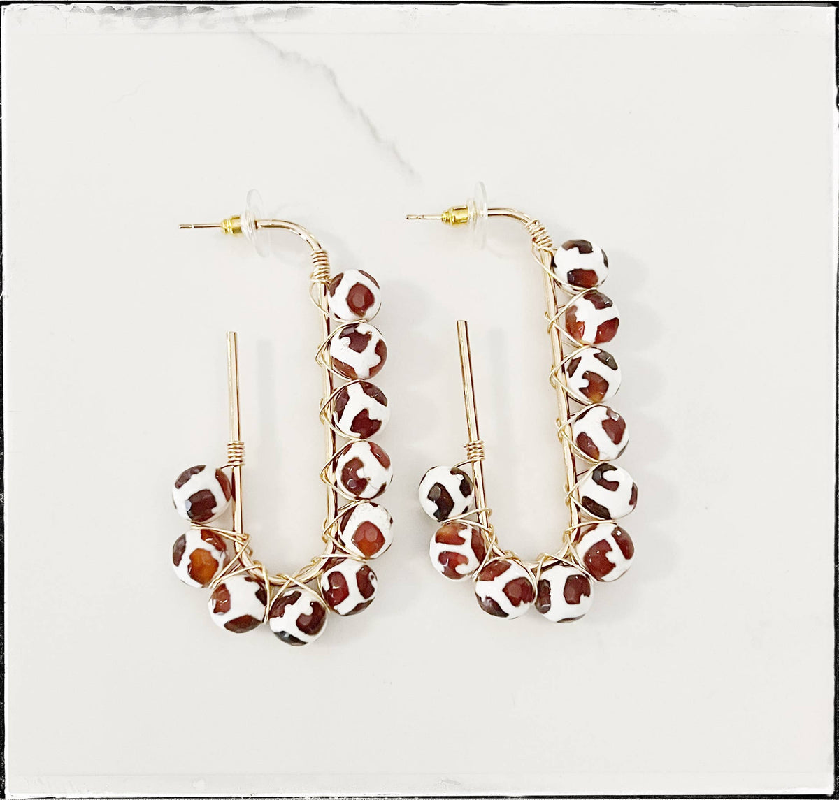 Wire Wrap Open Hoop Bead Dangle Earring Dzi Agate Giraffe