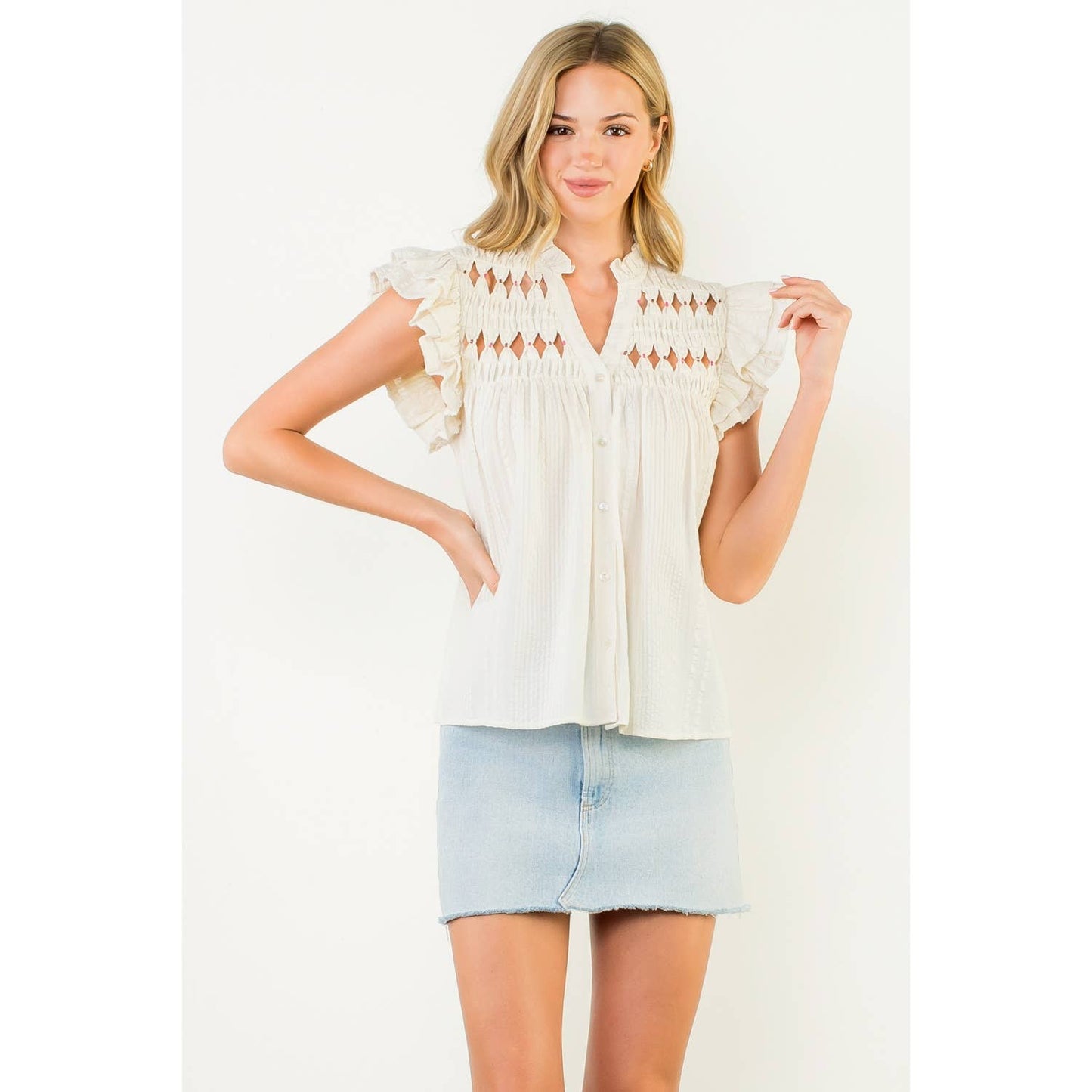 Embroidered Cutout Ruffle Sleeve Button Top