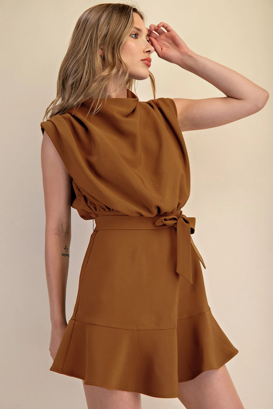 Cowl Neck Waist Tie Mini Dress