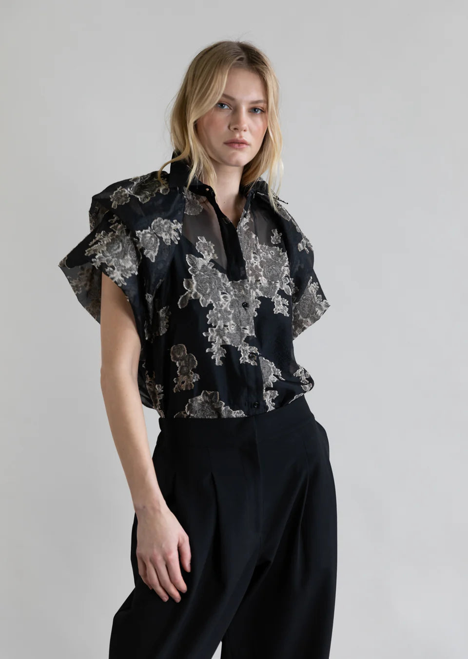 Silver Bloom Double Layer Tulip Sleeve Blouse