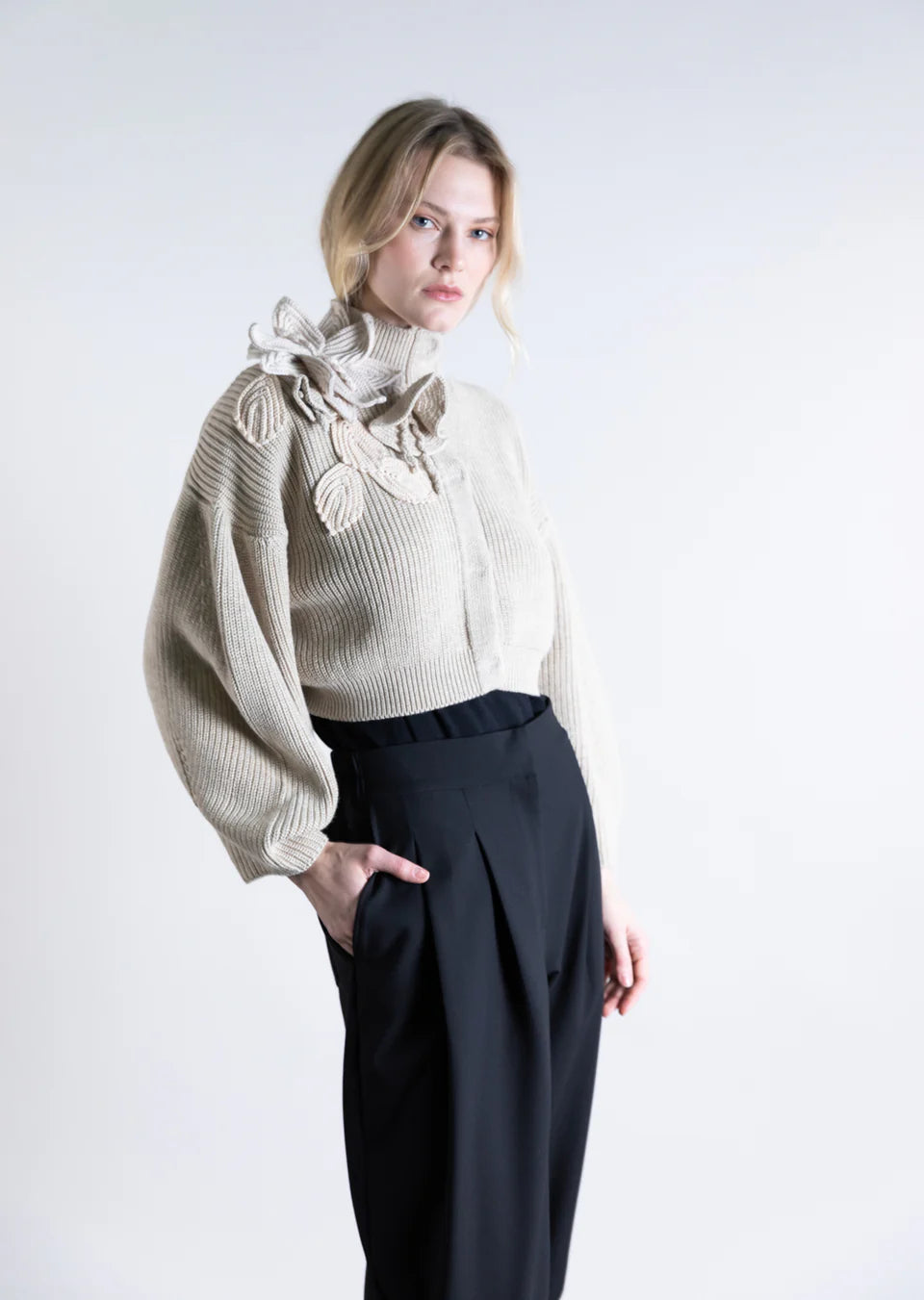 Funnel Neck Cardigan with Floral Detail