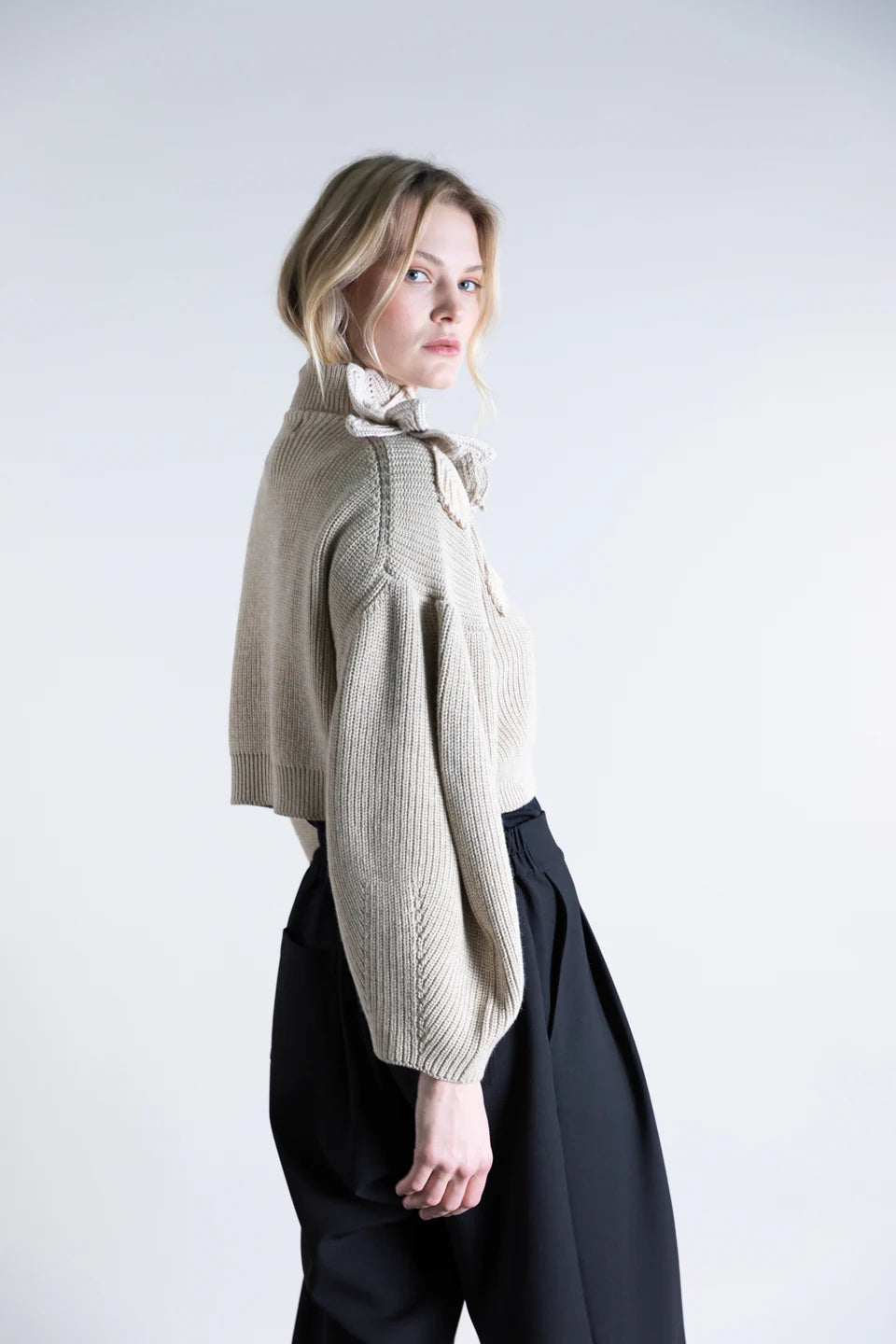 Funnel Neck Cardigan with Floral Detail