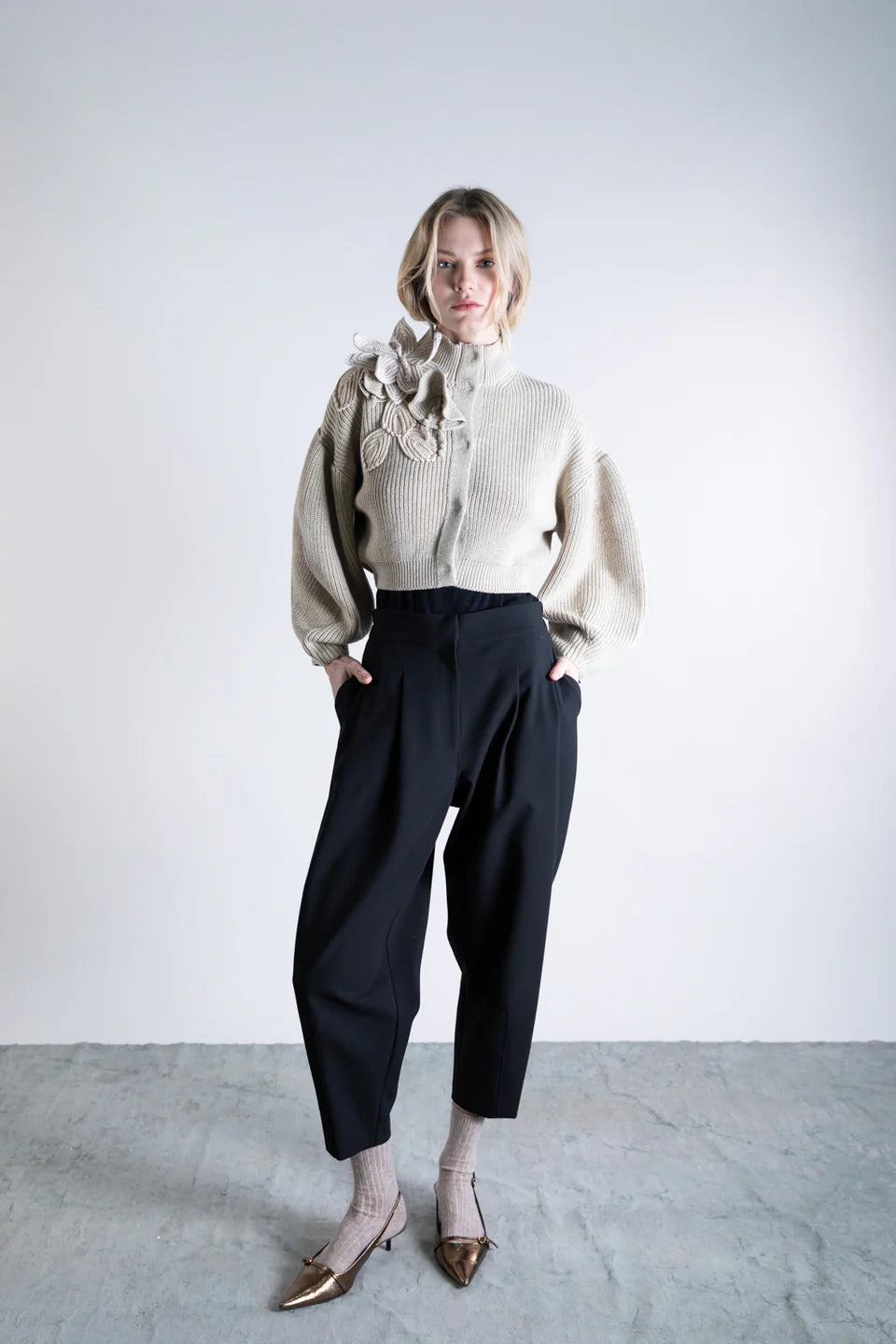 Funnel Neck Cardigan with Floral Detail