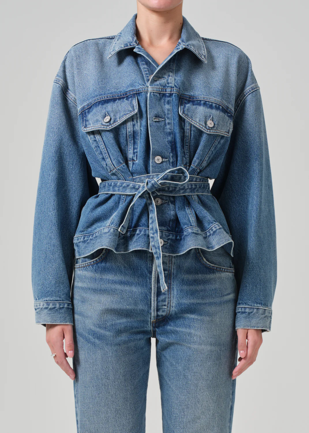 Leela Belted Denim Peplum Jacket - Cabazon