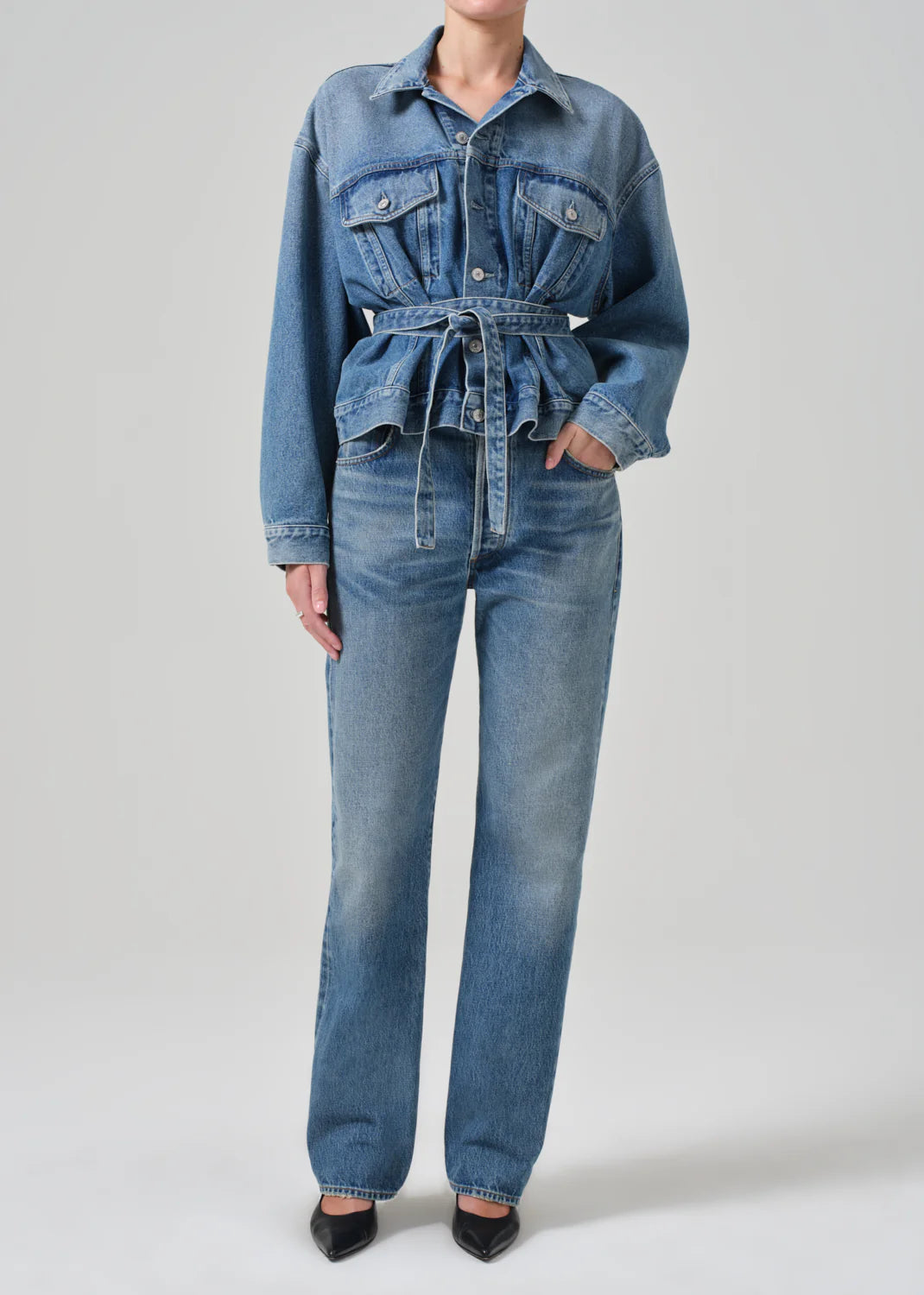 Leela Belted Denim Peplum Jacket - Cabazon
