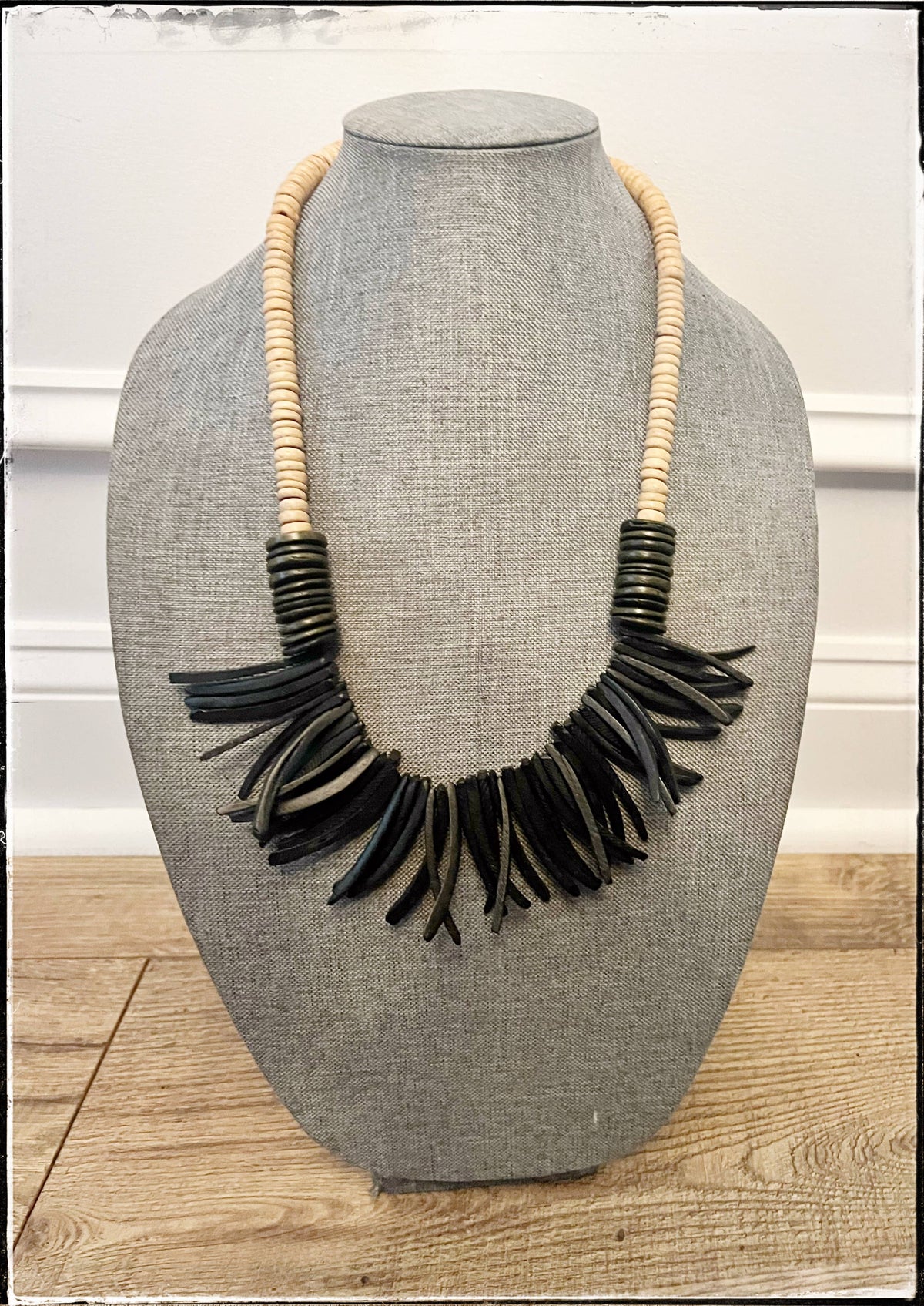 Black & Tan Coconut Wood Stick & Disk Bead Midi Necklace