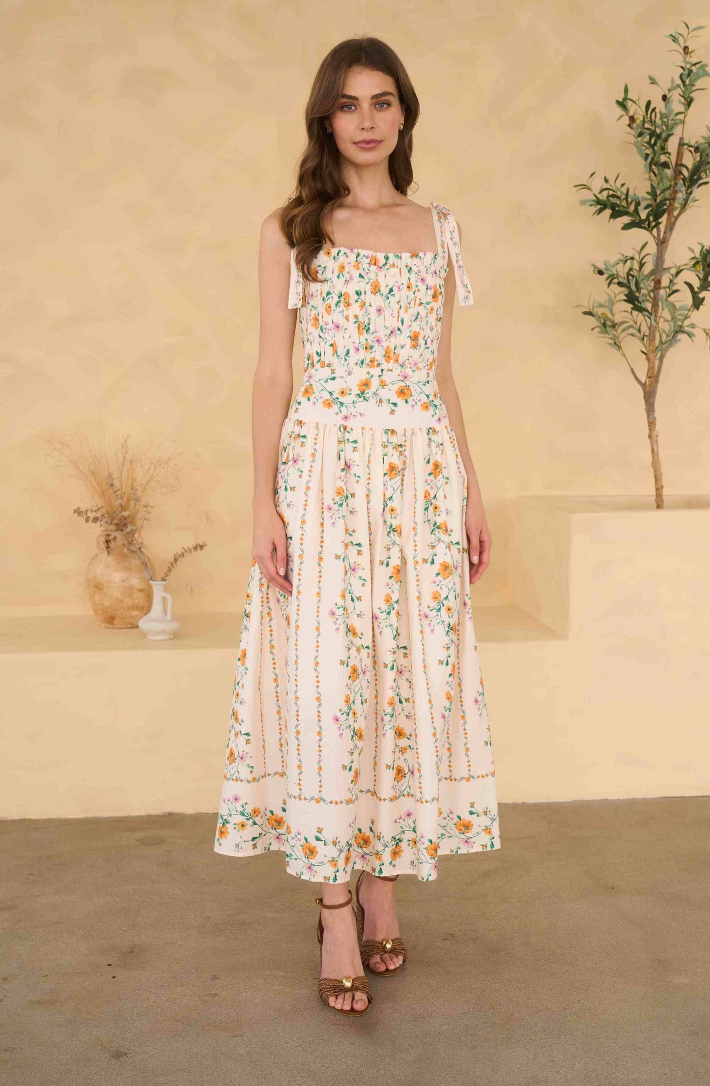 Floral Garland Tie Strap Pleated Midi Dress