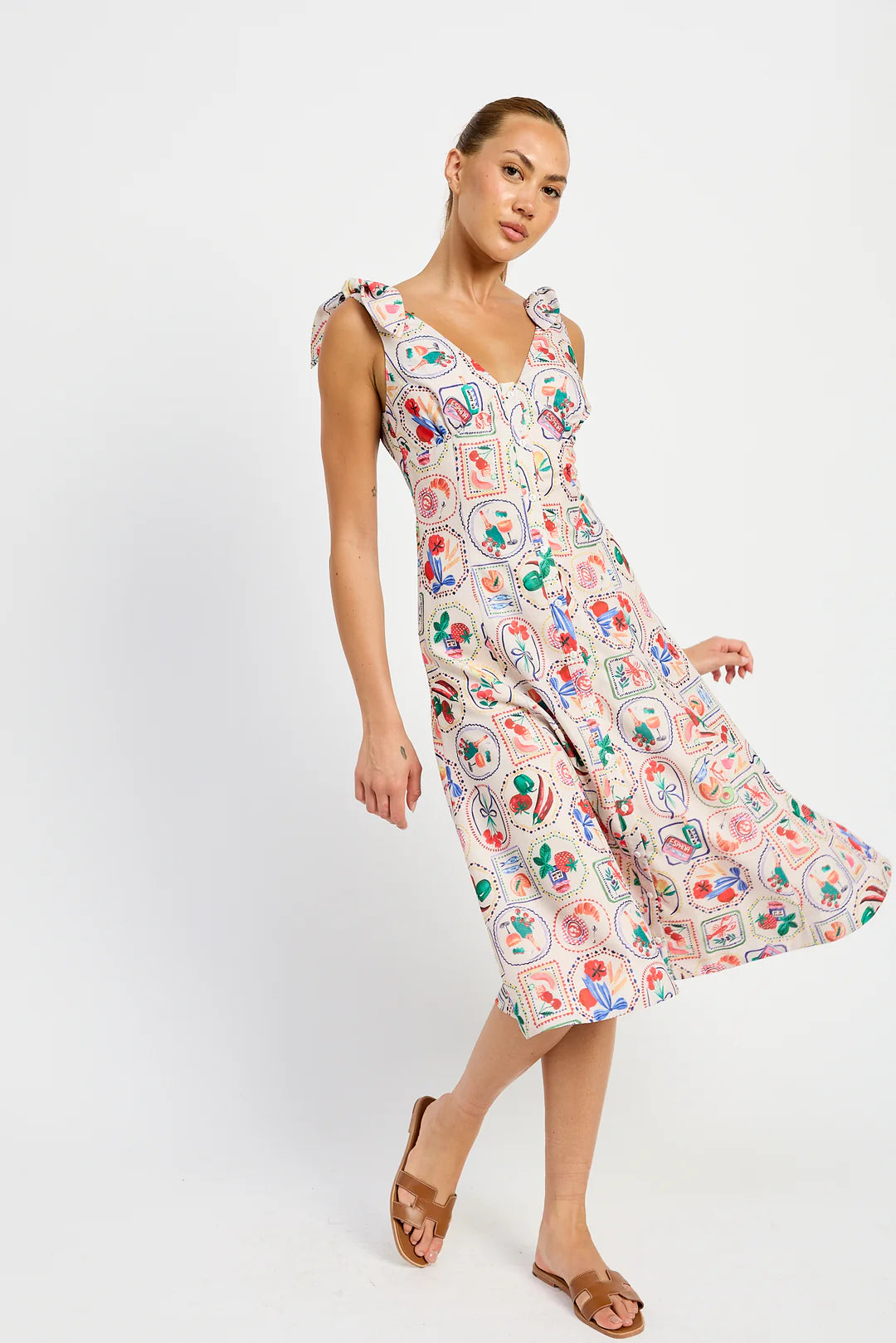 Nayeli Midi Dress - Linen Red Multi