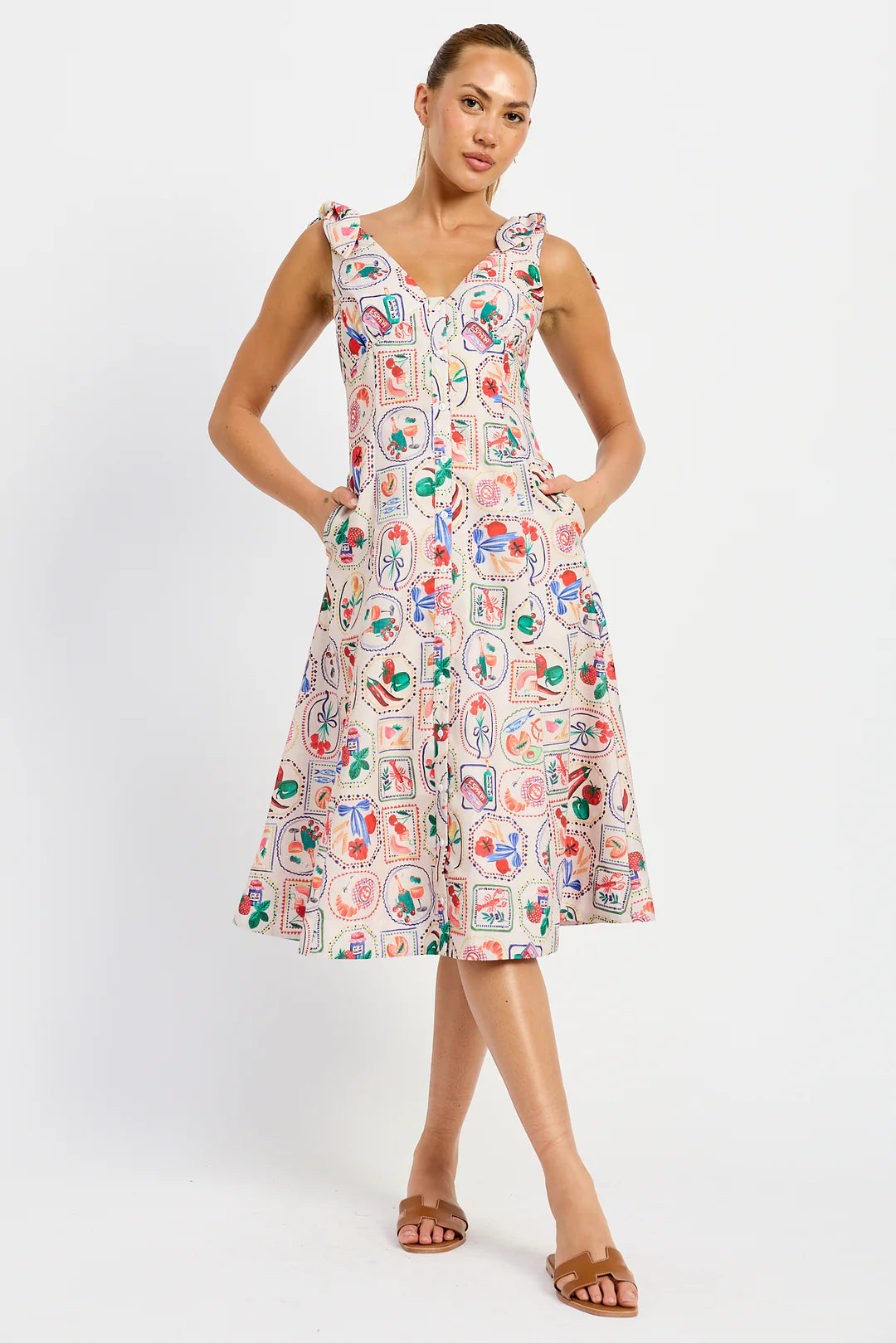 Nayeli Midi Dress - Linen Red Multi