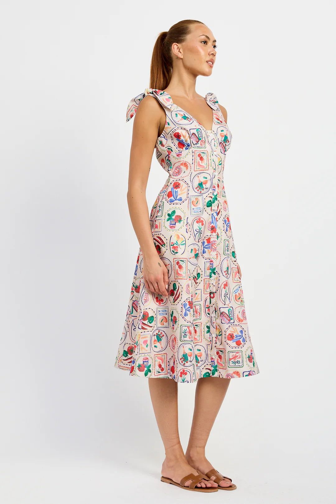 Nayeli Midi Dress - Linen Red Multi