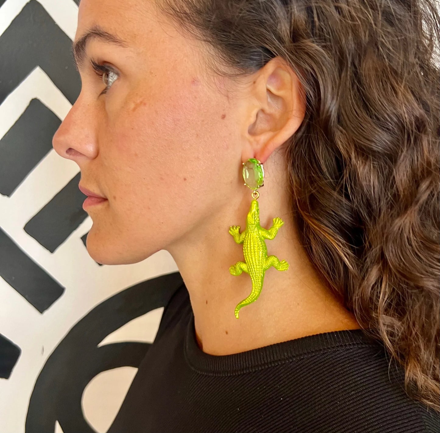 Lime/Green Crystal Alligator Earrings
