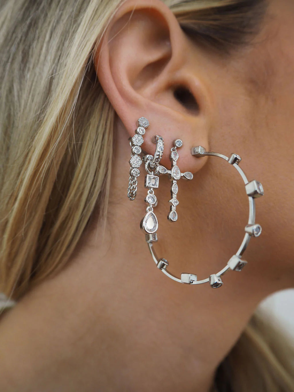 Bezel Stone Hoops - Silver
