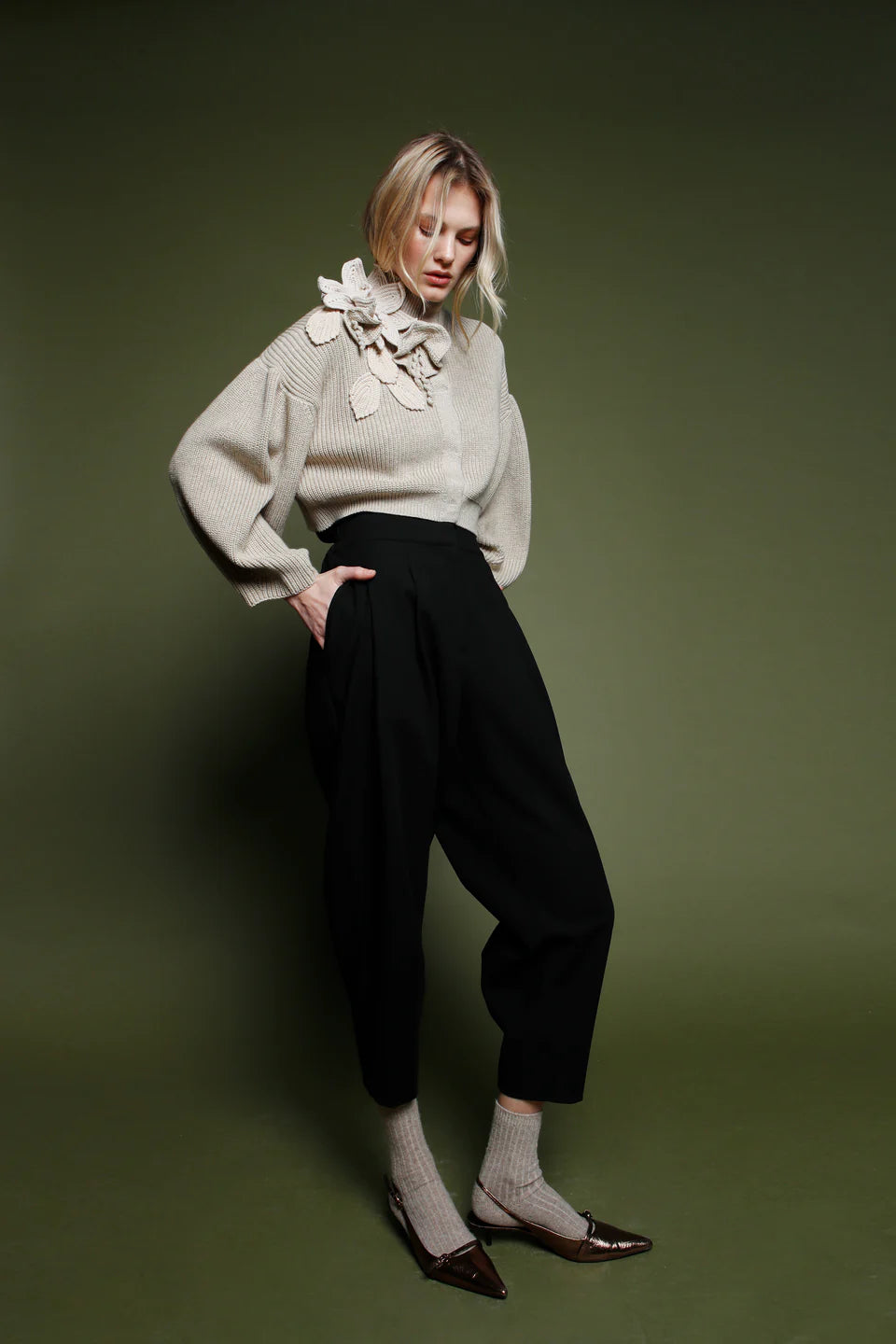 Funnel Neck Cardigan with Floral Detail