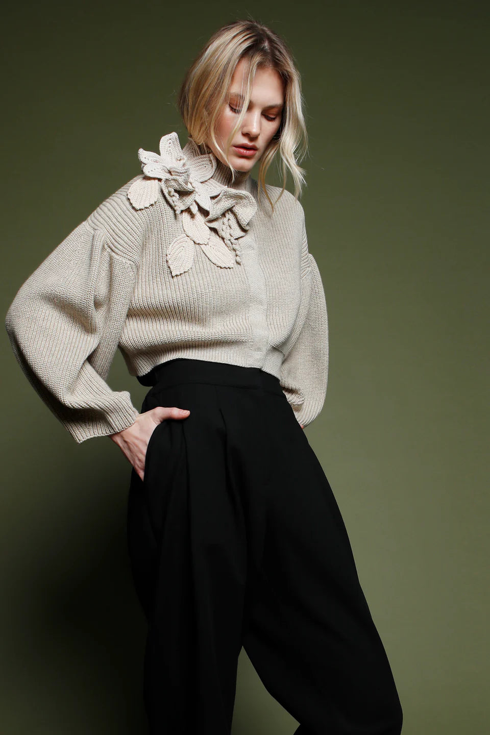 Funnel Neck Cardigan with Floral Detail