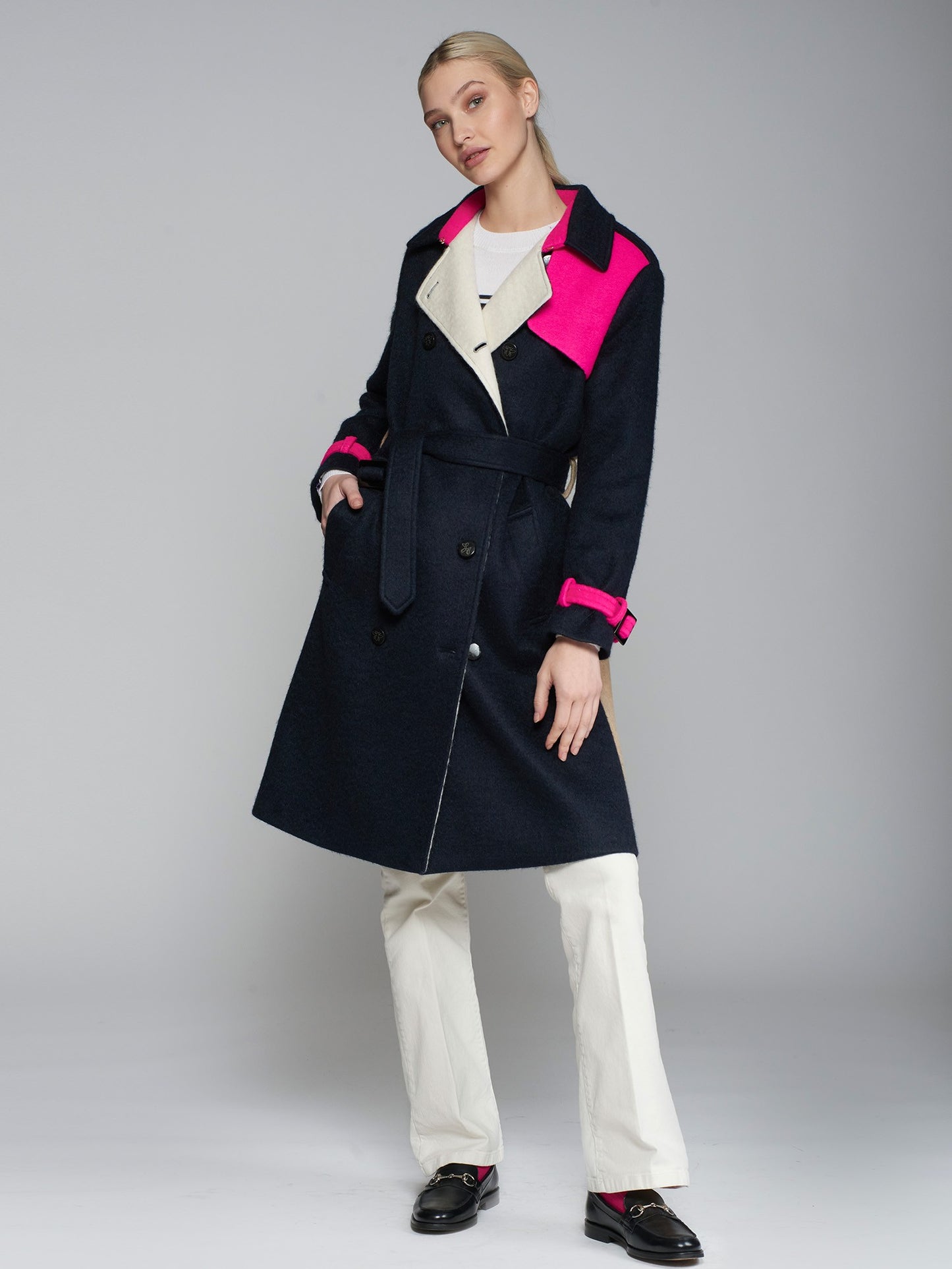 Navy/Pink/Tan Mohair Trench Coat