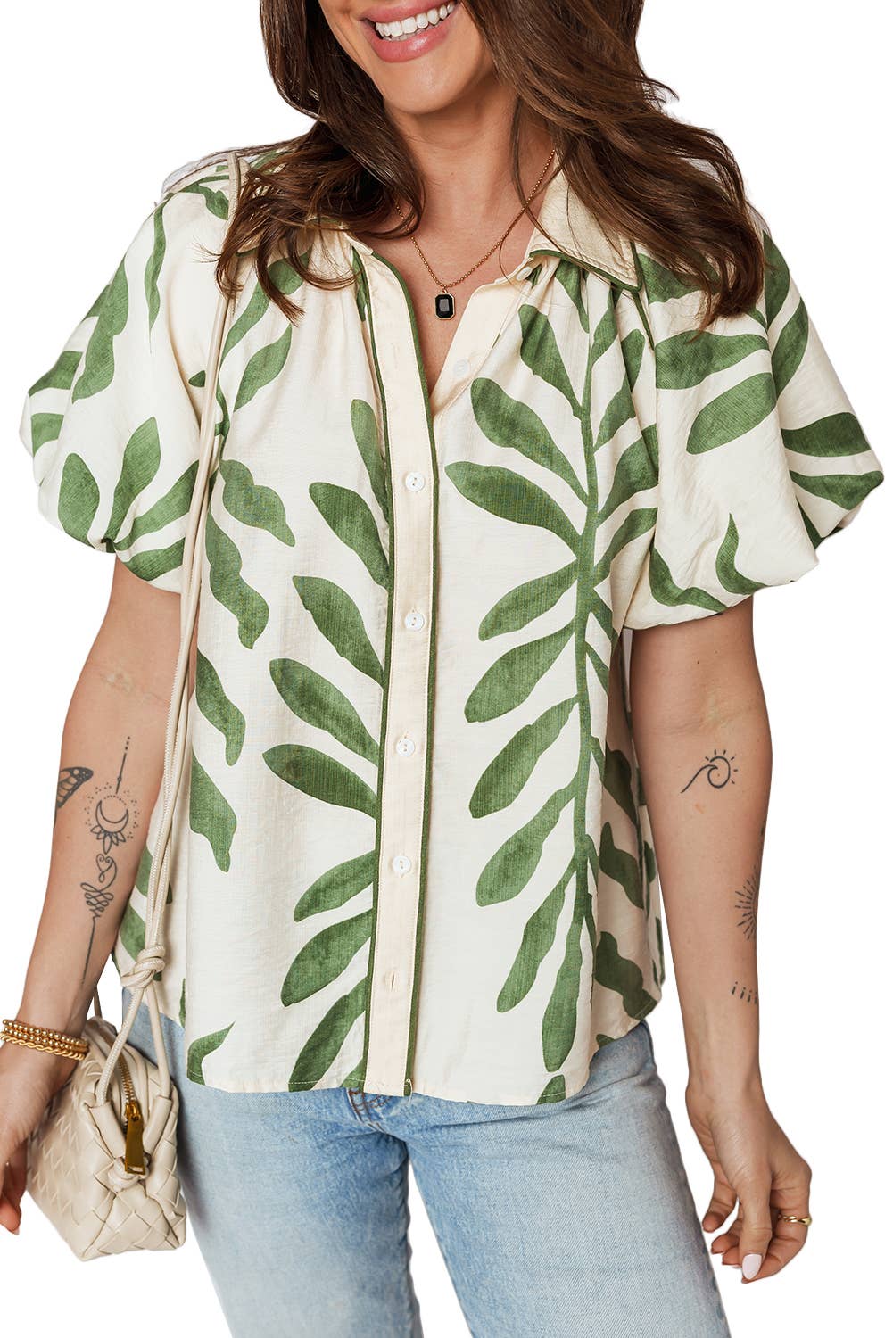 Green Leaf Print Short Sleeve Shirt