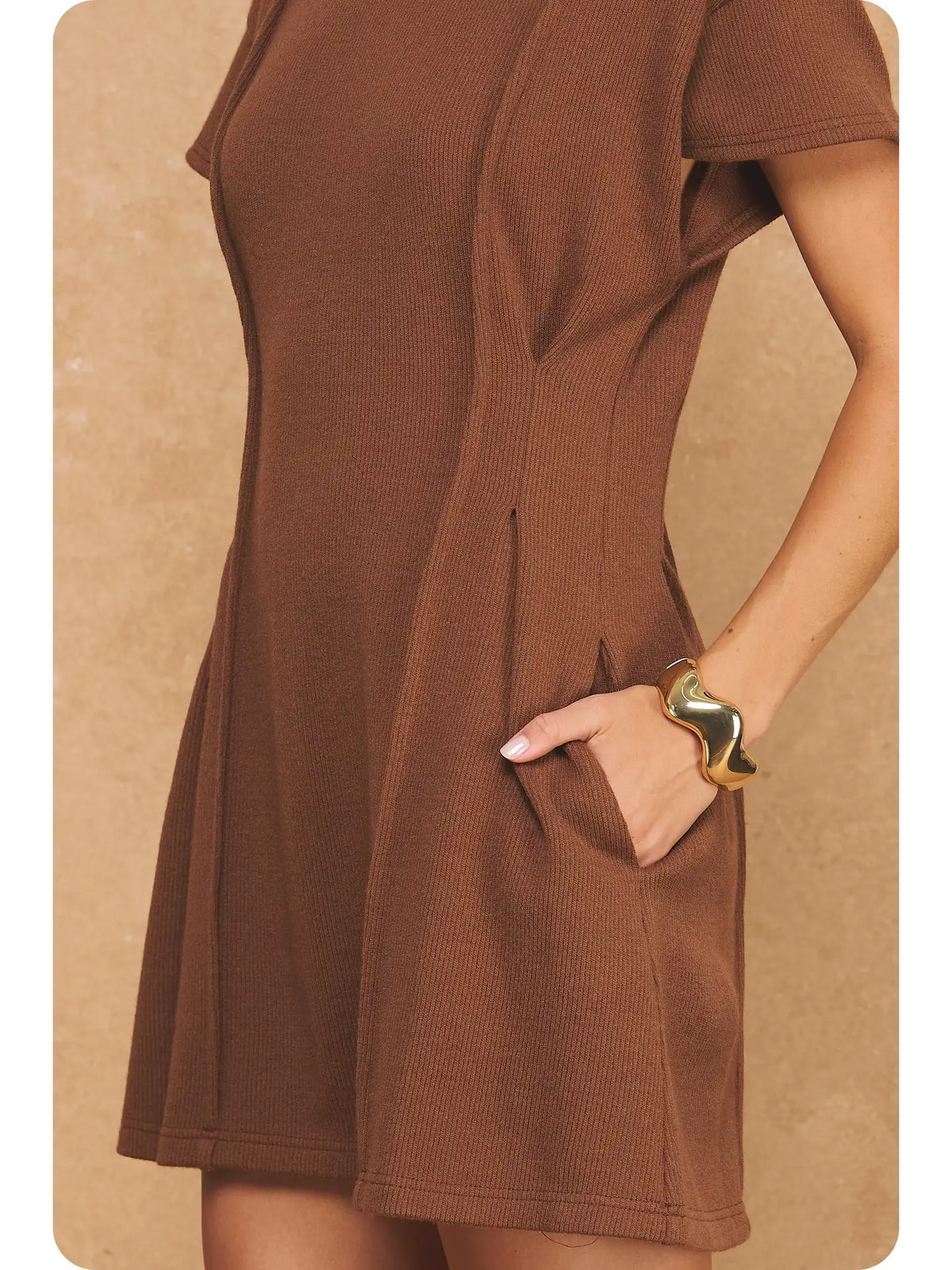 Ribbed Knit Pintuck Mini Dress - Chocolate