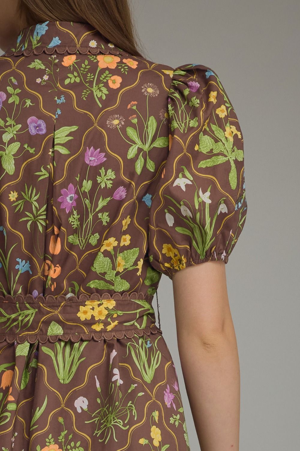 Floral Print Brown Short Dress w/Tie