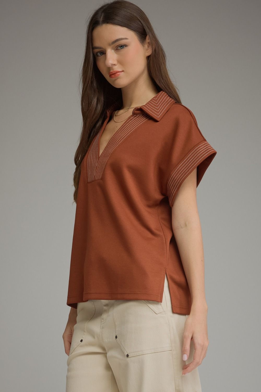 Contrast Stitching Top Burnt Orange