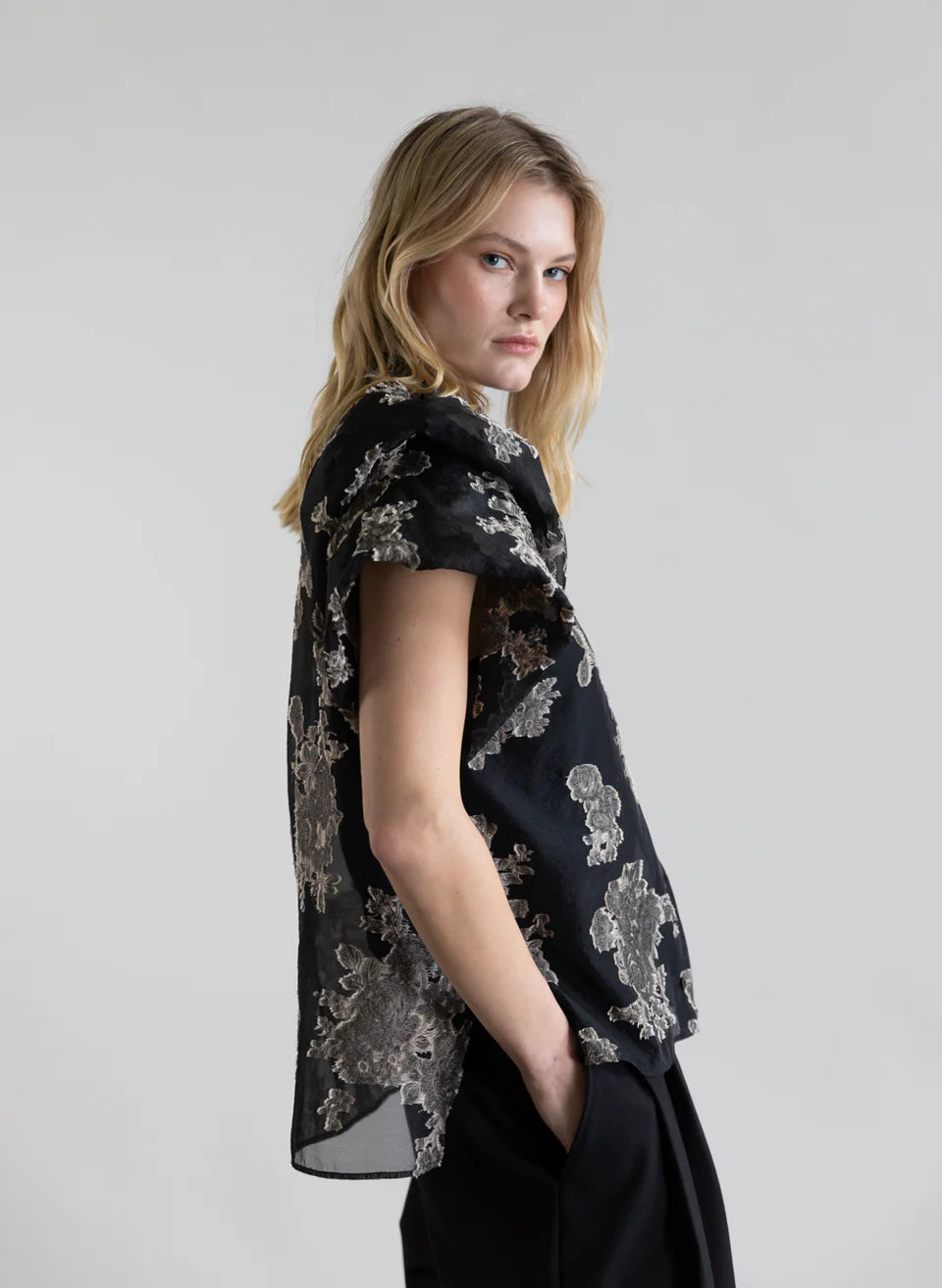 Silver Bloom Double Layer Tulip Sleeve Blouse