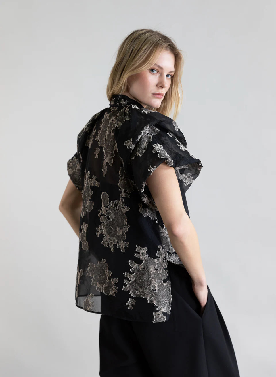 Silver Bloom Double Layer Tulip Sleeve Blouse