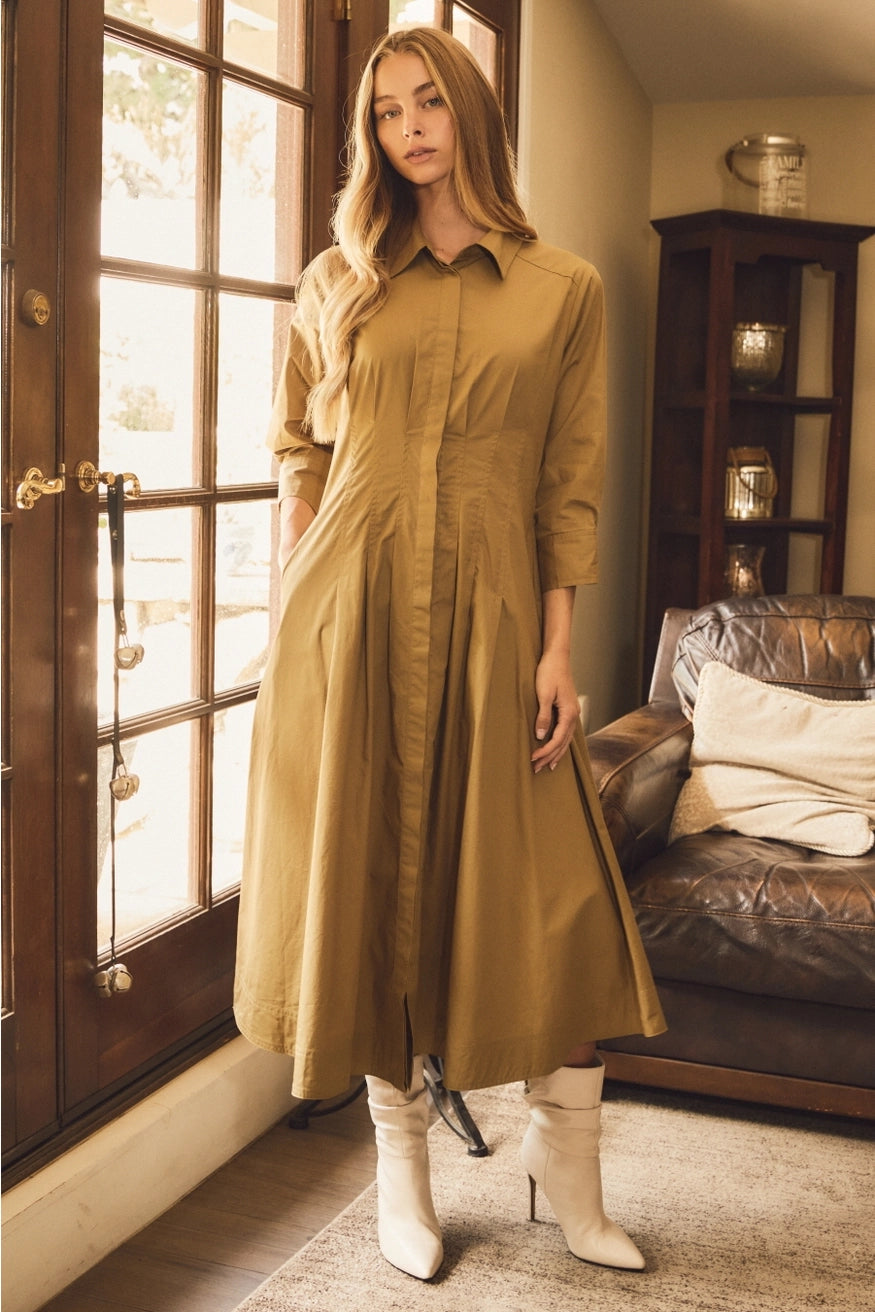 Button Front Midi Dress - Thyme