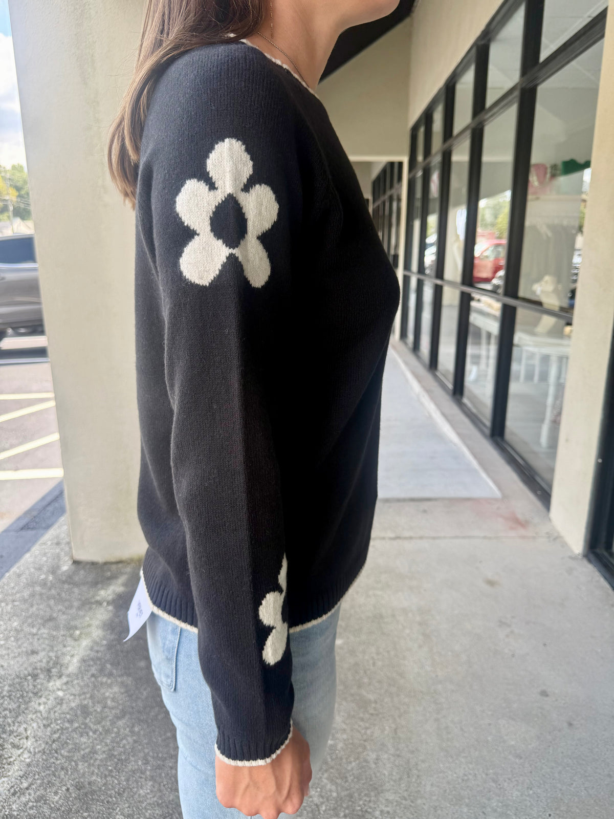 Crew Neck Black sweater w/White Flowers