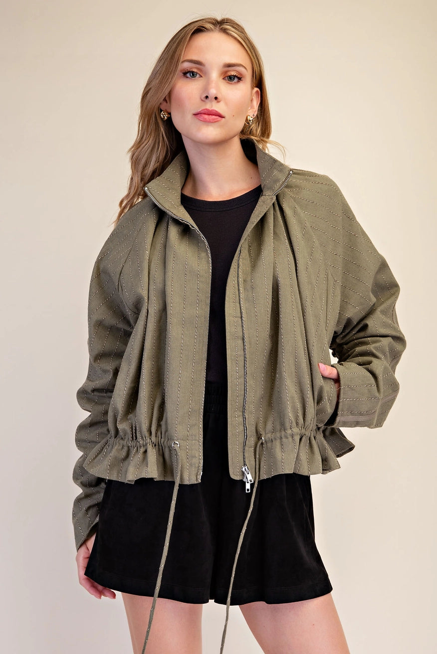 Double Zipper Funnel Neck Jacket - Olive