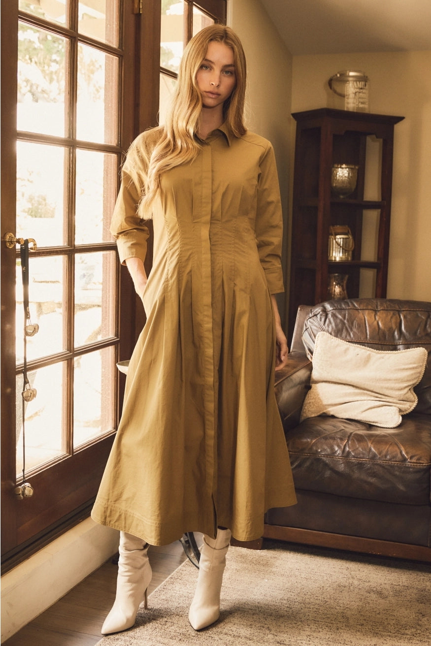 Button Front Midi Dress - Thyme