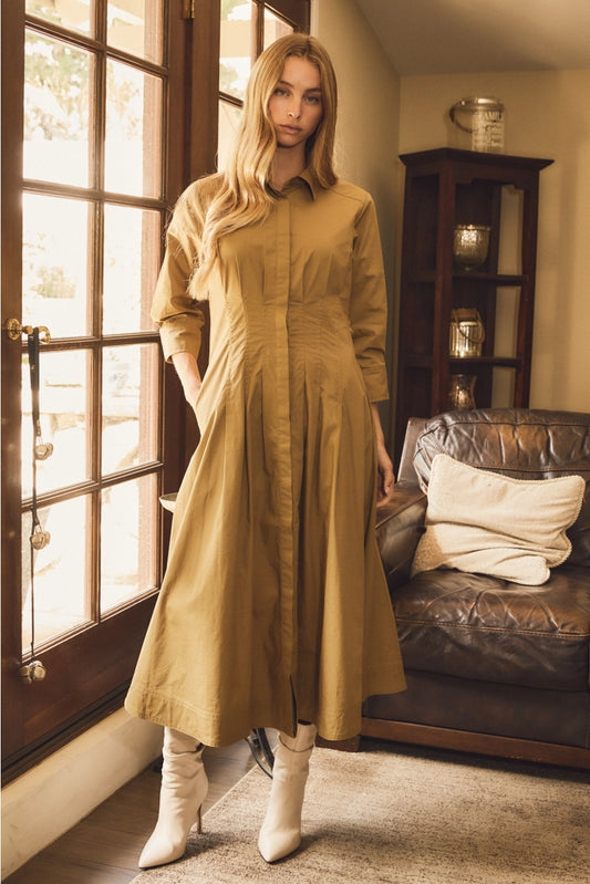 Button Front Midi Dress - Thyme