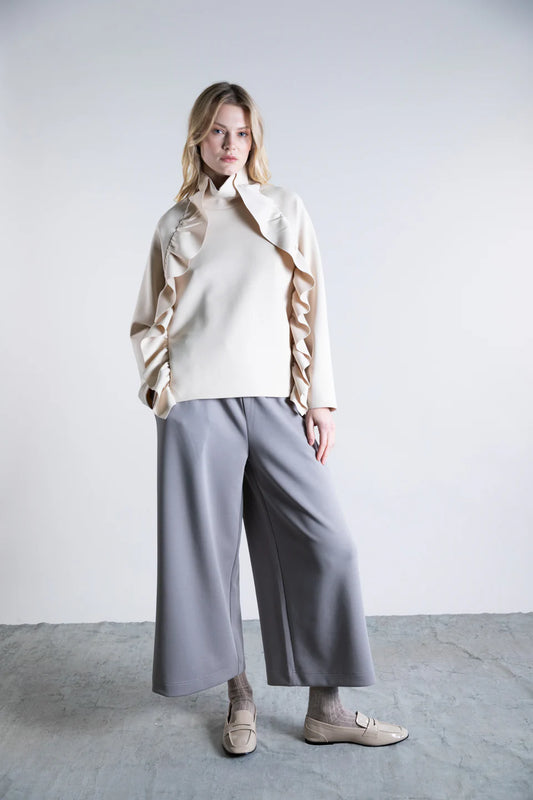 Dual-Stroke Funnel Neck Top - Ivory