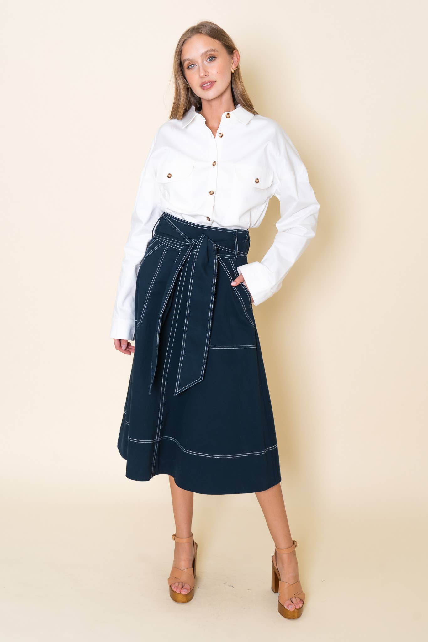 Navy Midi Skirt w/White Stitch Skirt