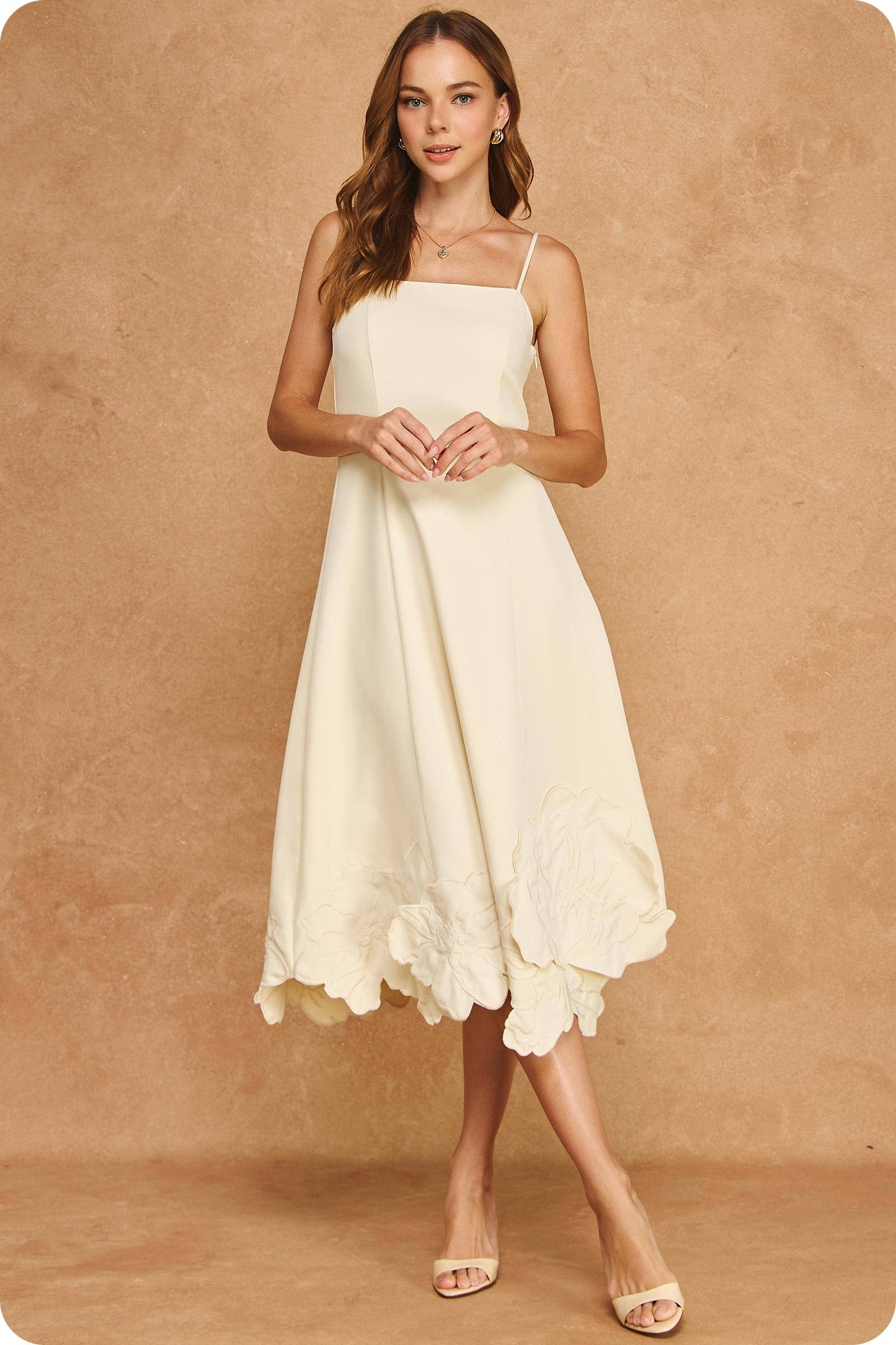 3D Floral Appliqué Sleeveless Square Neck Midi Dress: Cream