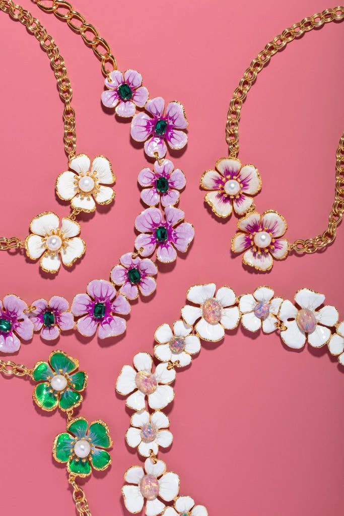 Hand Painted Mauve Pearl and Emerald Floral Necklace