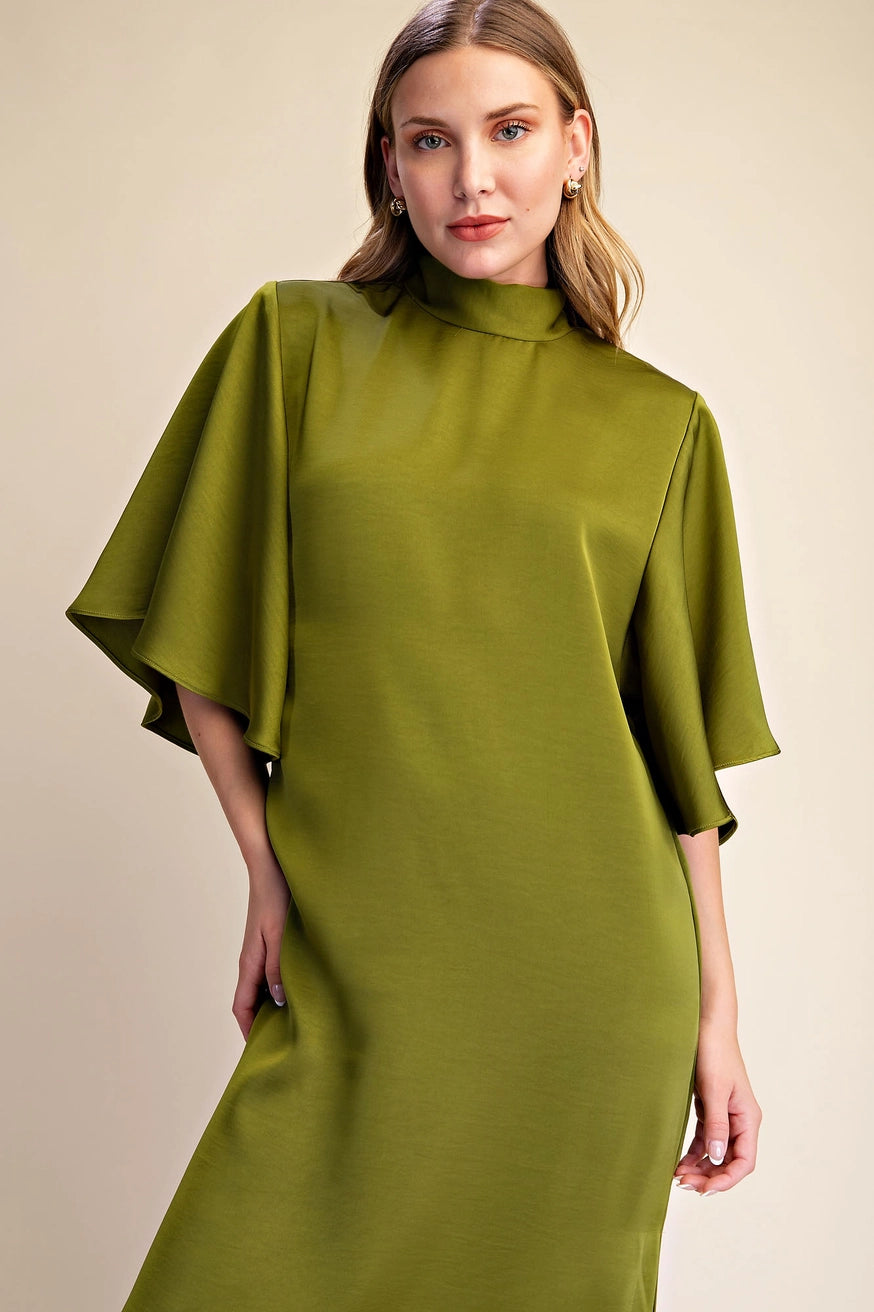 Flowy Satin Tie Back Midi Dress - Olive