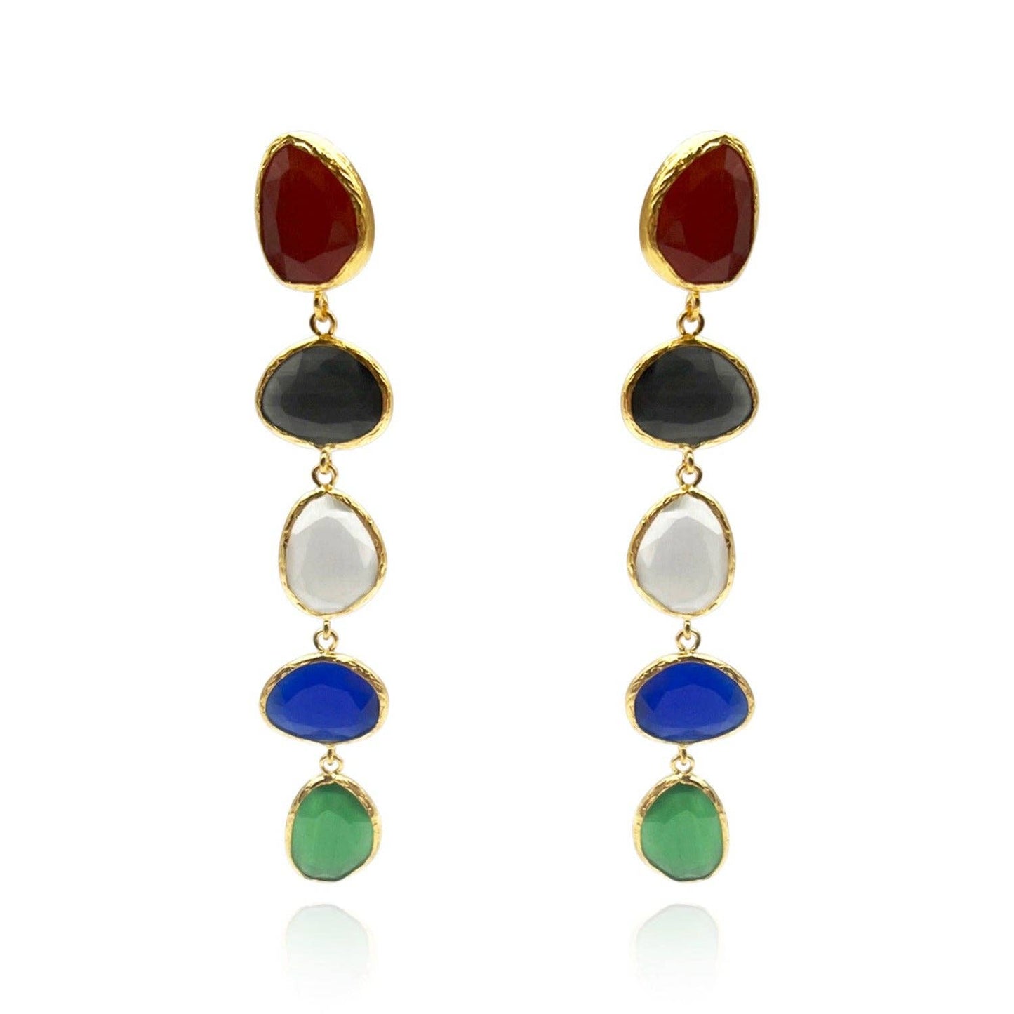 Cadenza Gold Plated Brass Drop Earrings With Multi-Color Cat'S Eye