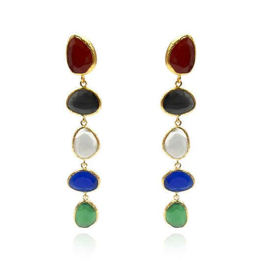 Cadenza Gold Plated Brass Drop Earrings With Multi-Color Cat'S Eye