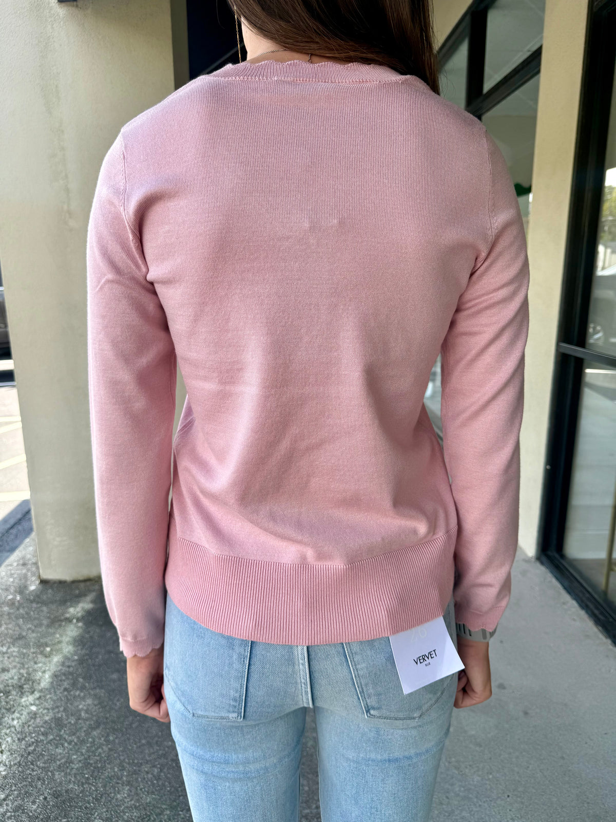 Pink Scallop V-Neck Sweater