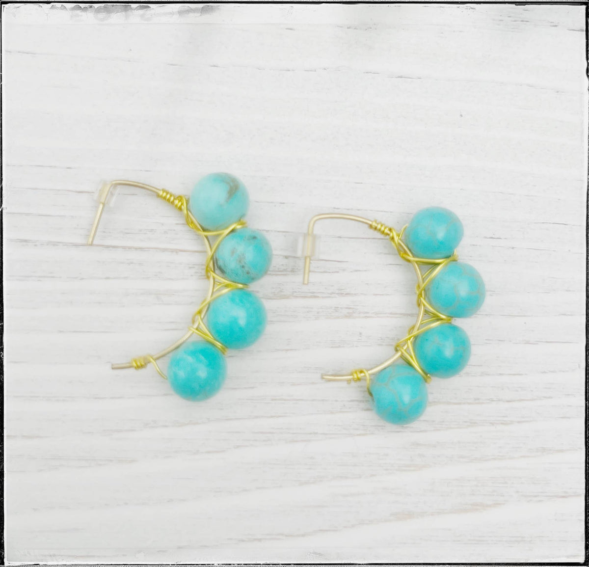Small Hoop Gemstone Bead Dangle Earrings Huggie Turquoise