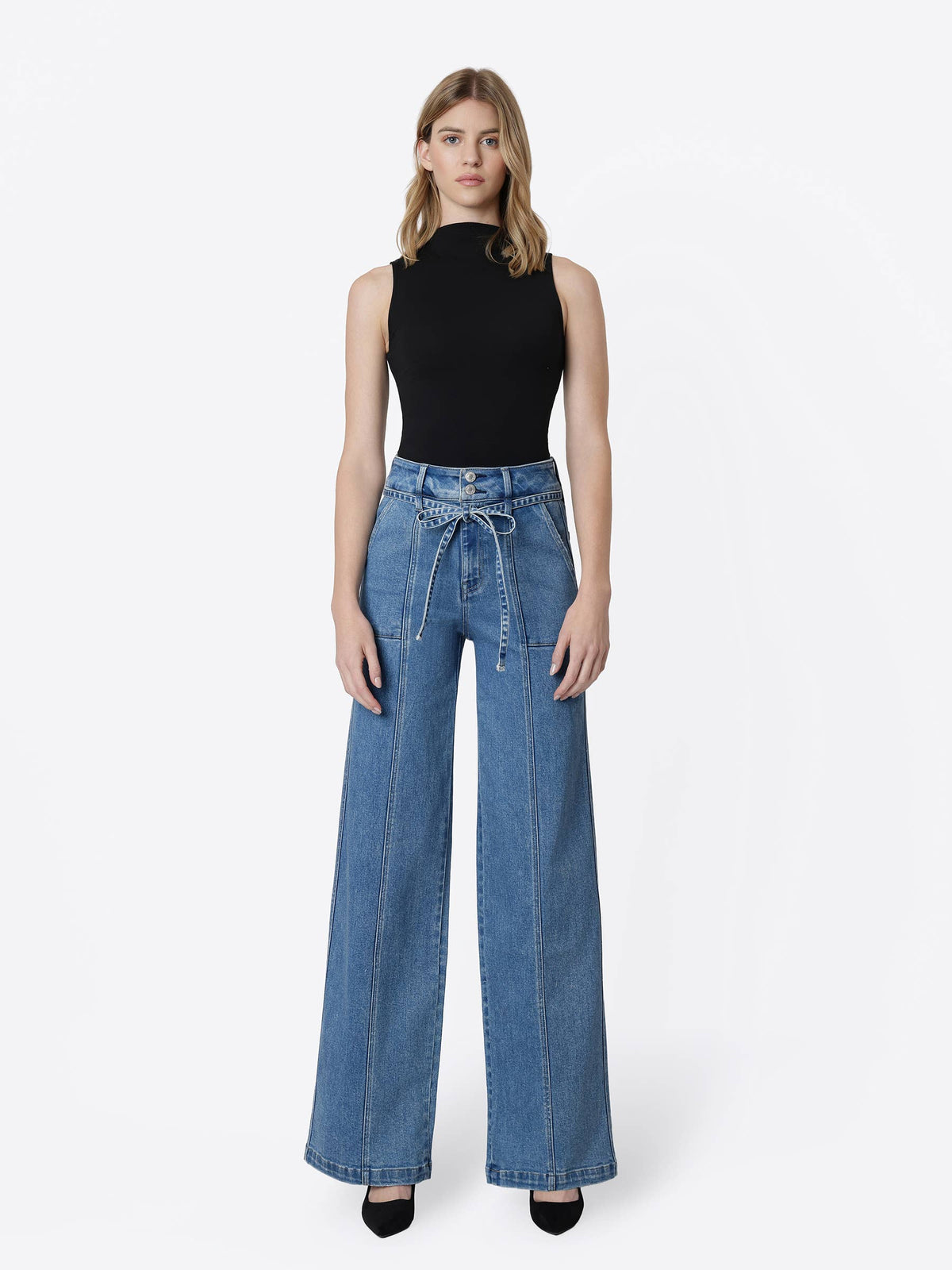 Super High Rise Tie Waist Band Wide Leg Jeans