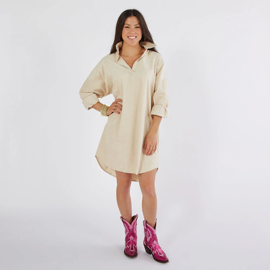 Preppy Corduroy Dress - Light Camel w/Pink Sta