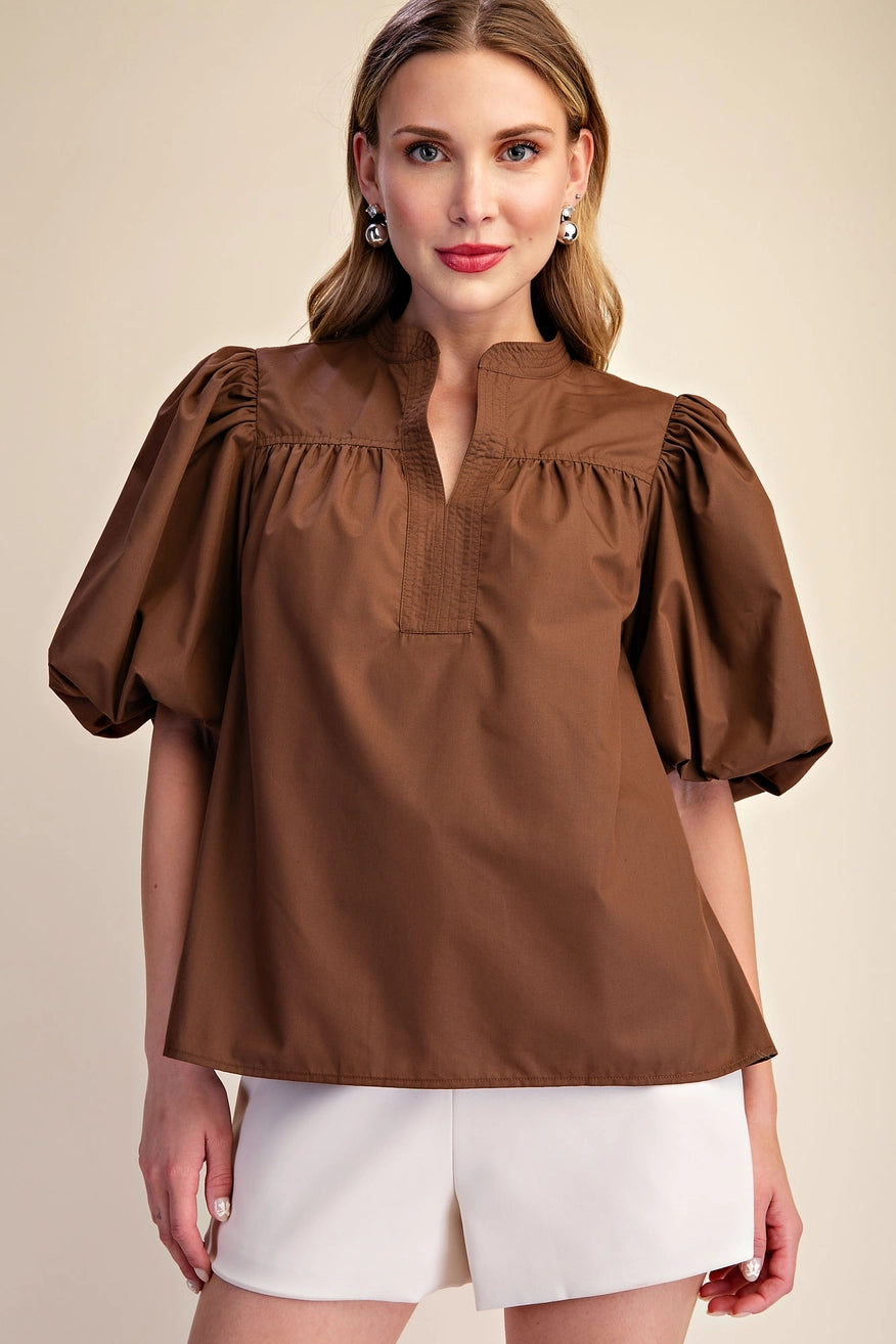 V-Neck Brown Bubble Sleeve Top