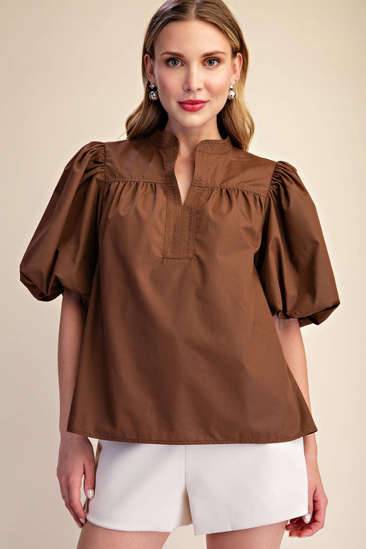 V-Neck Brown Bubble Sleeve Top