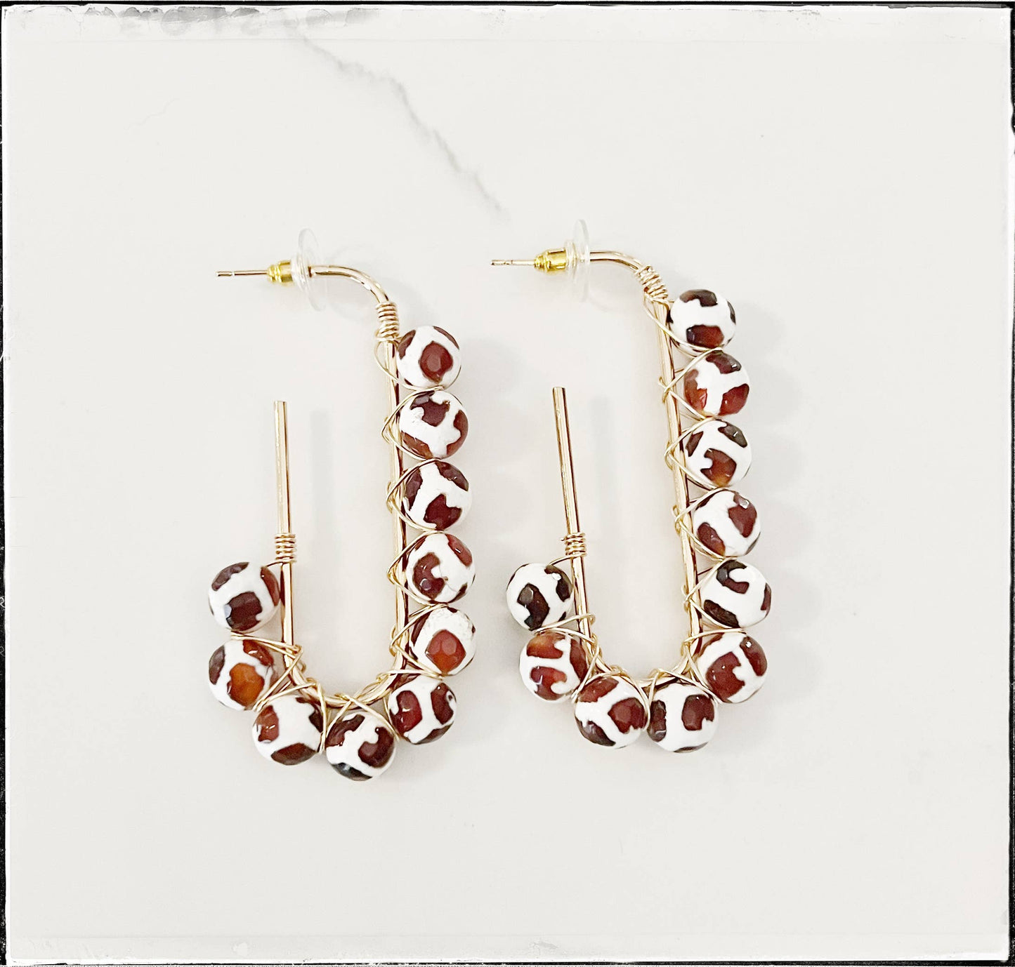 Wire Wrap Open Hoop Bead Dangle Earring Dzi Agate Giraffe
