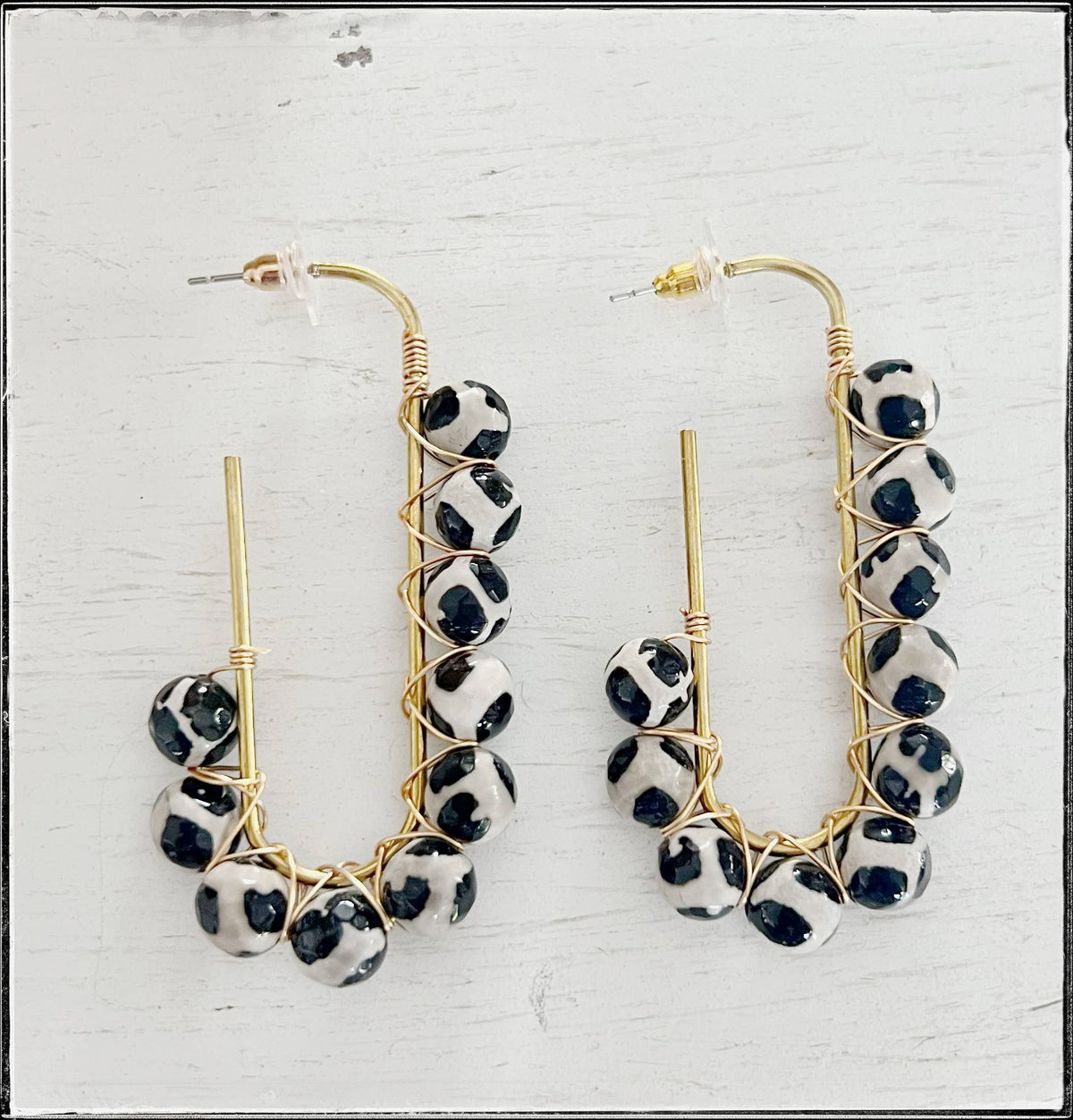 Wire Wrapped Open Hoop Glass Bead Dangle Earring Black Agate