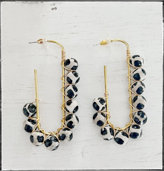 Wire Wrapped Open Hoop Glass Bead Dangle Earring Black Agate