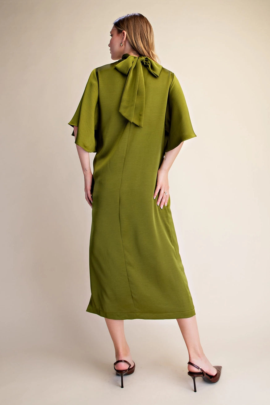 Flowy Satin Tie Back Midi Dress - Olive