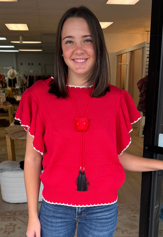 Red S/S Sweaterw/White Stitching
