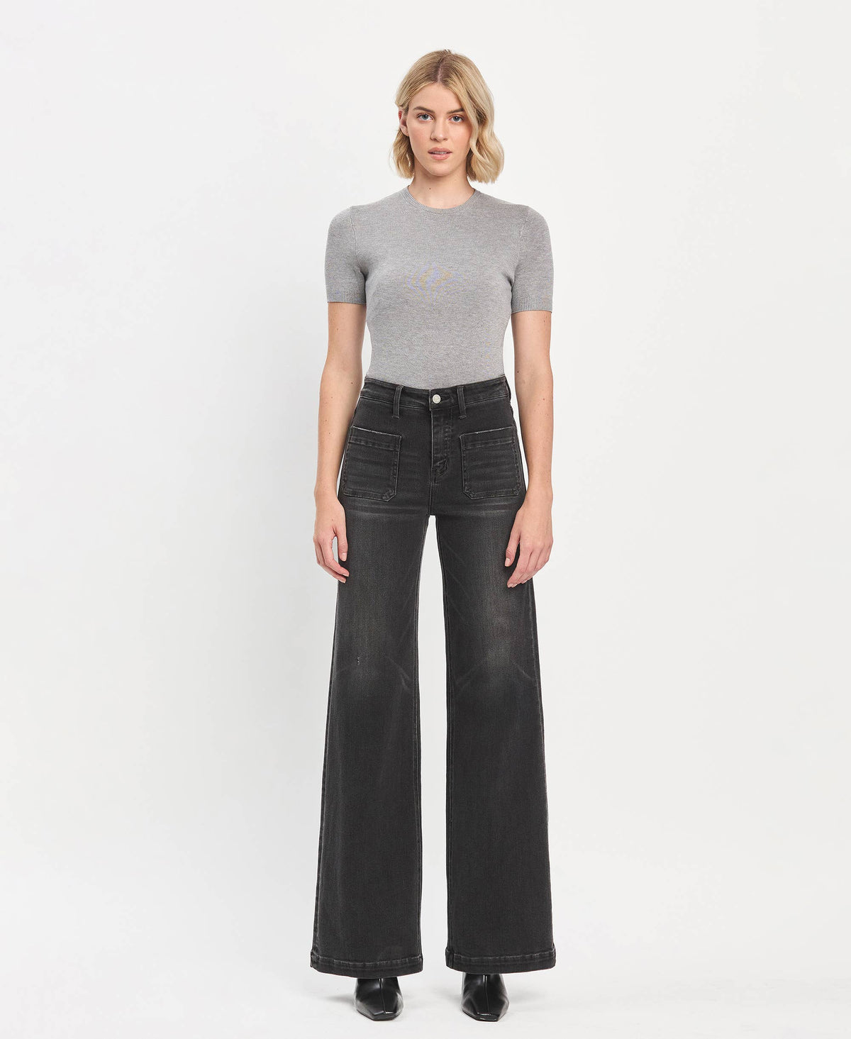 High Rise Patch Pocket Black Wide Trouser Jeans