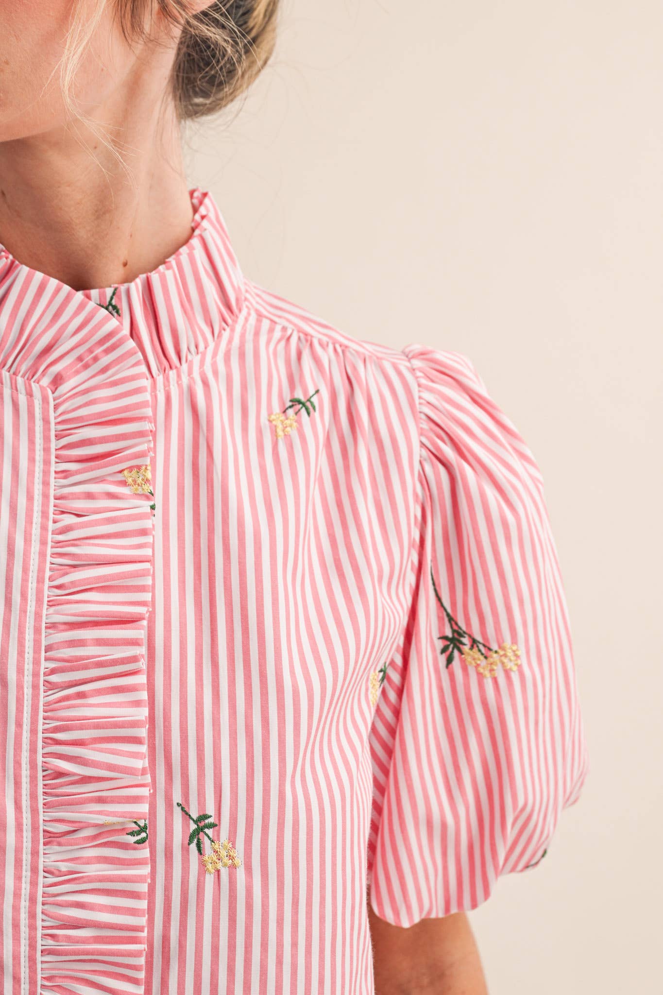Floral Embroidery Striped Top